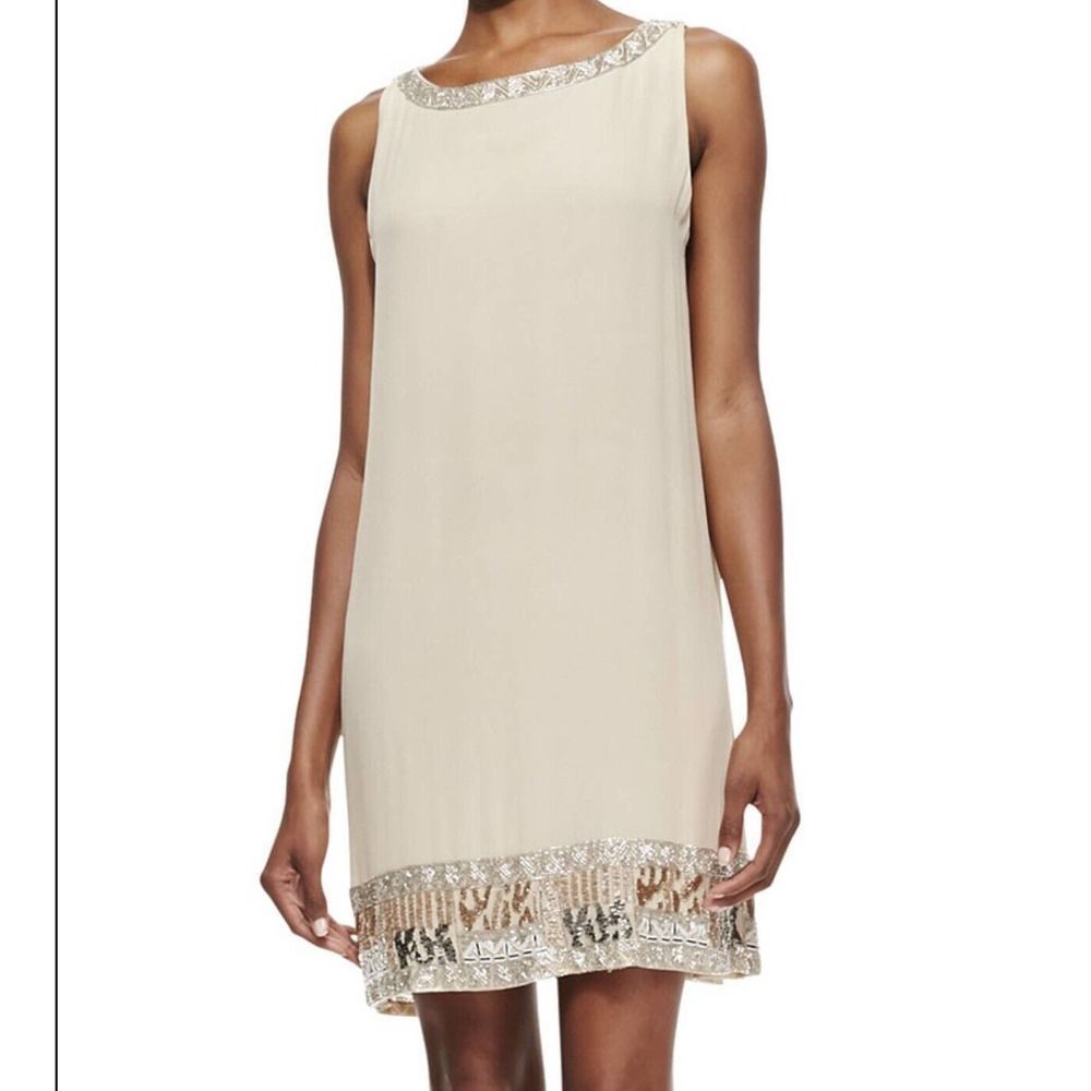 Alice + Olivia Cream Sleeveless Embellished Shift Dress